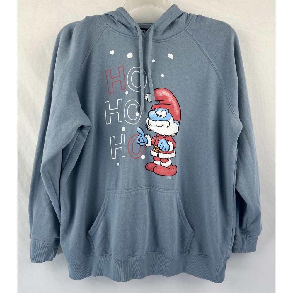 Smurfs Santa Hoodie Womens 2X(2) Gray Blue Pullover Sweatshirt Goodie Two Sleeve
